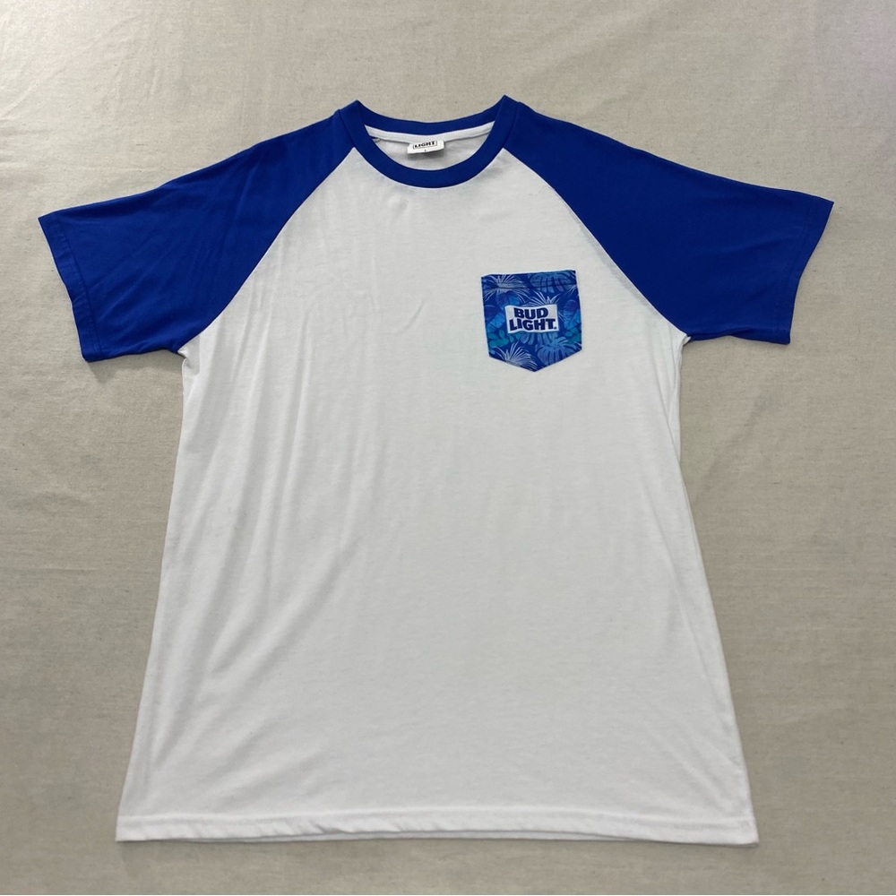 Bud Light Beer White Blue Top Shirt Chest Pocket Mens Large